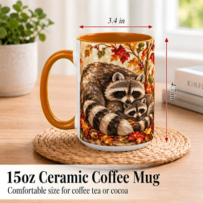 #pl[15oz|Orange] Jeweled Raccoon Family Coffee Mug, Autumn Wildlife Mug, Ceramic Cup