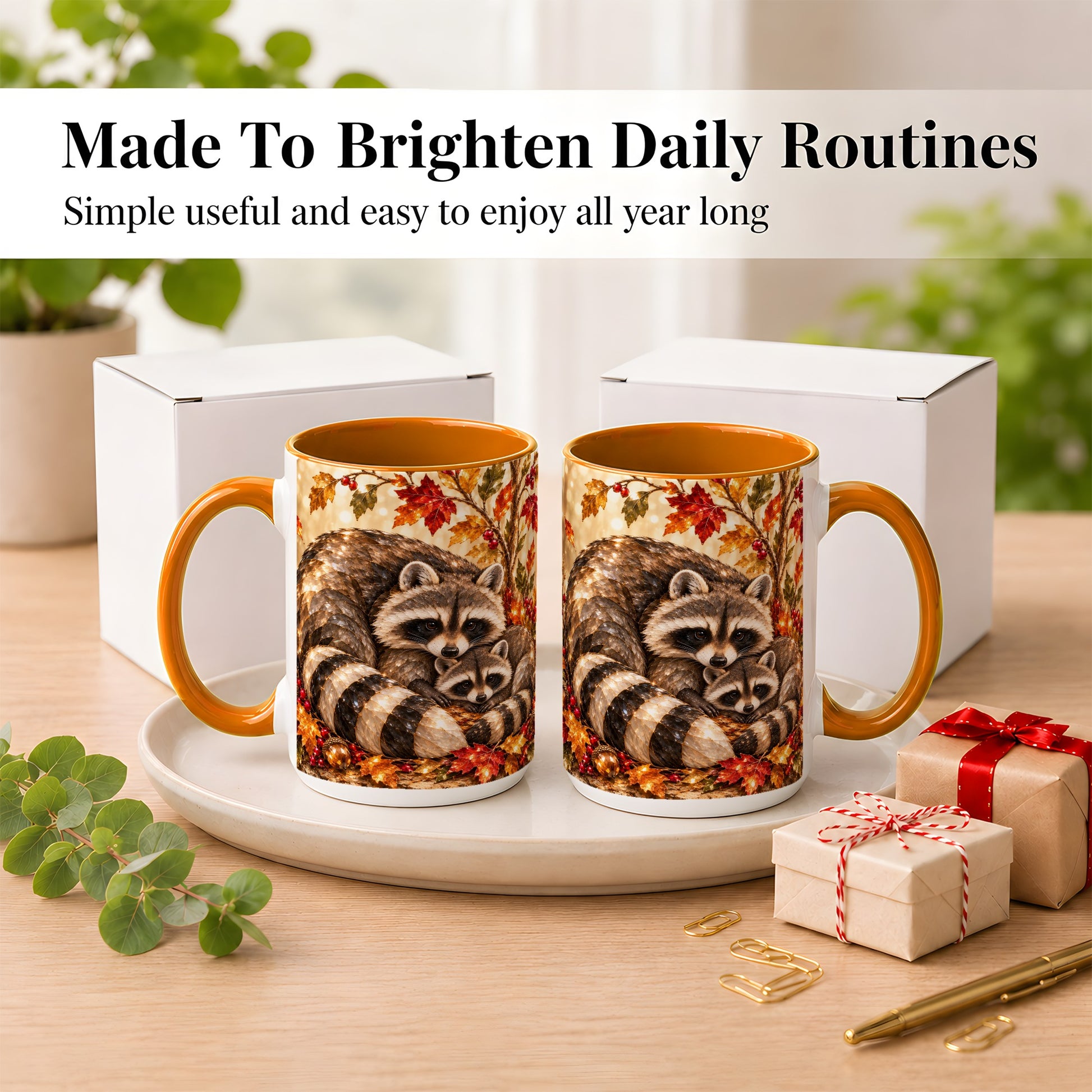 #pl[15oz|Orange] Jeweled Raccoon Family Coffee Mug, Autumn Wildlife Mug, Ceramic Cup