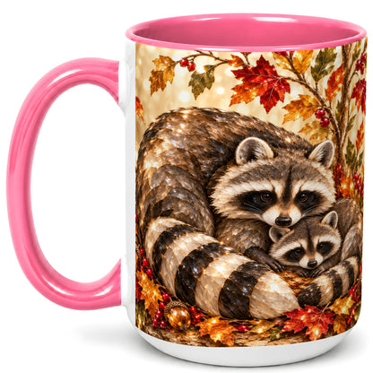 #pl[15oz|Pink] Jeweled Raccoon Family Coffee Mug, Autumn Wildlife Mug, Ceramic Cup