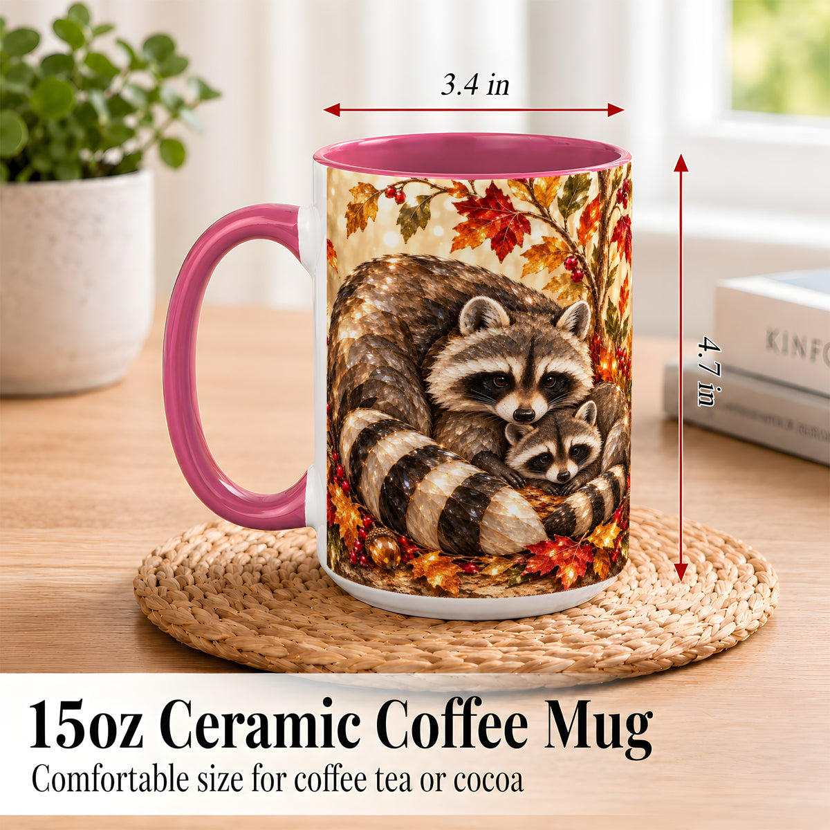 #pl[15oz|Pink] Jeweled Raccoon Family Coffee Mug, Autumn Wildlife Mug, Ceramic Cup
