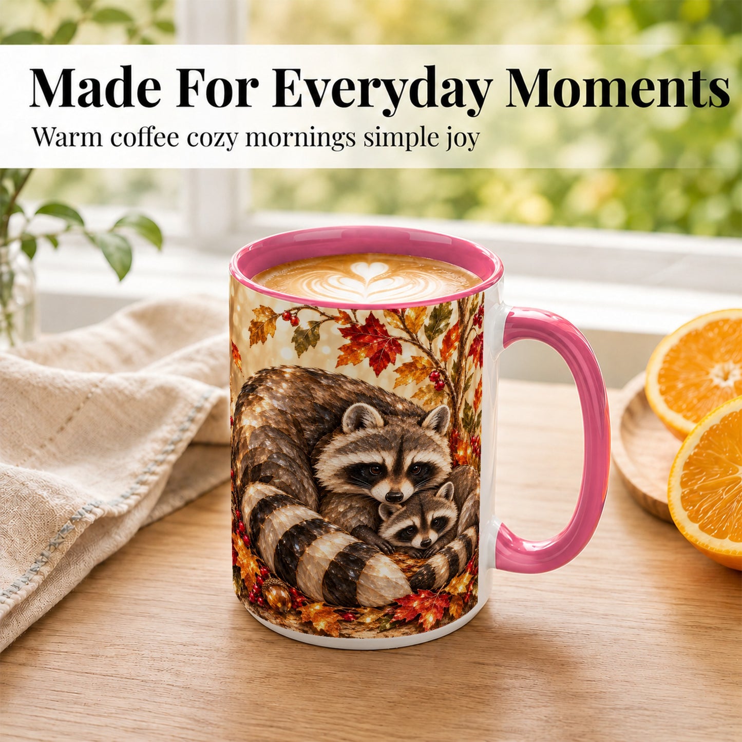 #pl[15oz|Pink] Jeweled Raccoon Family Coffee Mug, Autumn Wildlife Mug, Ceramic Cup