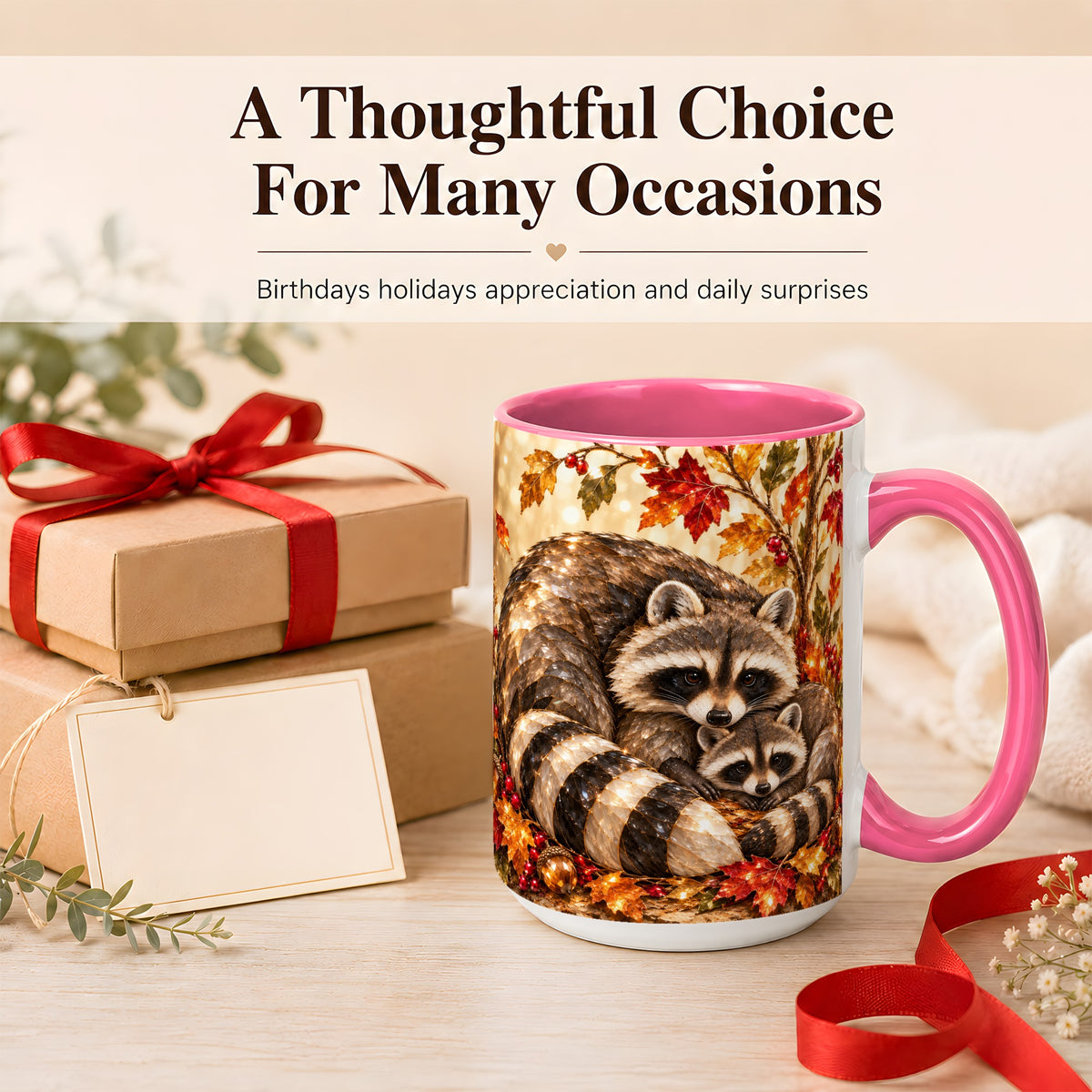 #pl[15oz|Pink] Jeweled Raccoon Family Coffee Mug, Autumn Wildlife Mug, Ceramic Cup