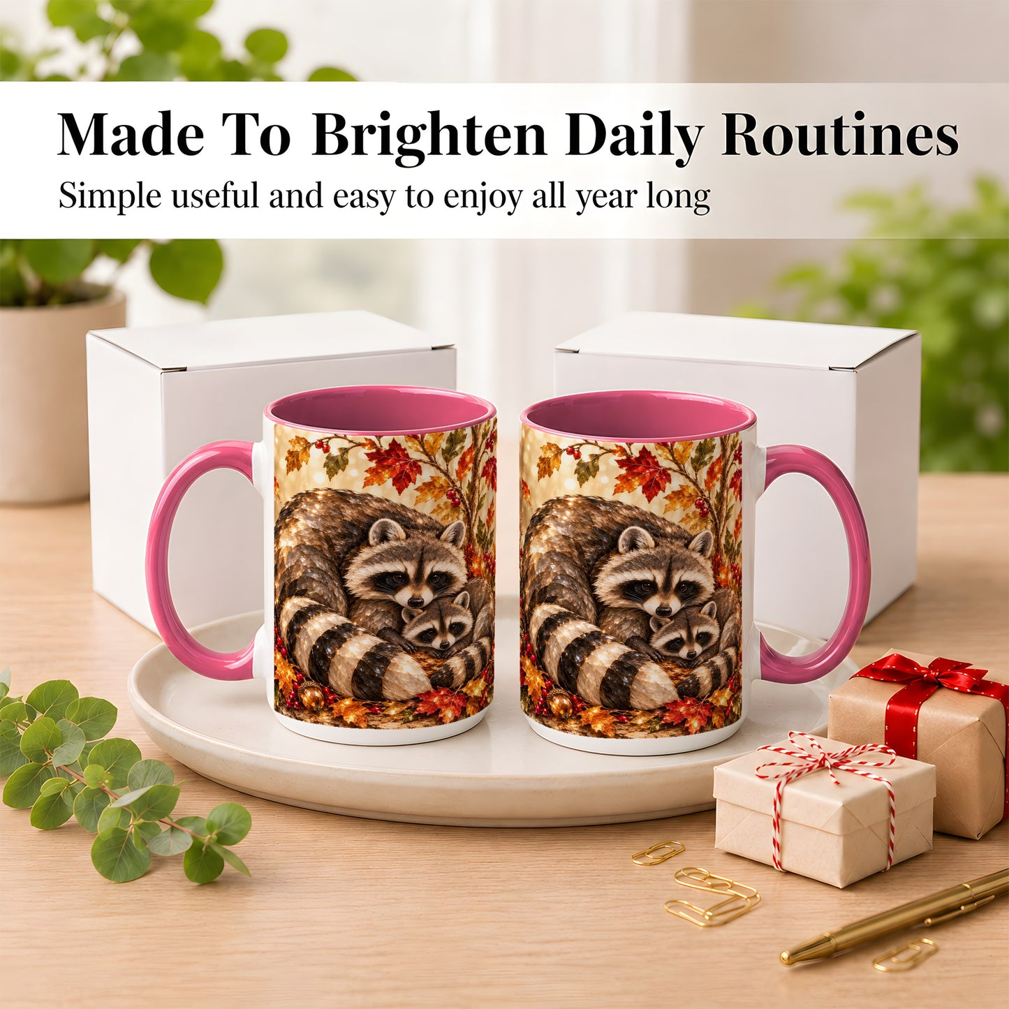 #pl[15oz|Pink] Jeweled Raccoon Family Coffee Mug, Autumn Wildlife Mug, Ceramic Cup