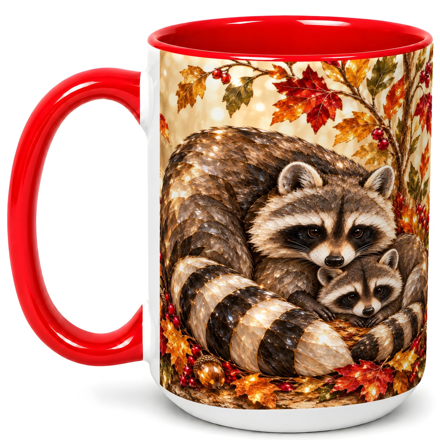 #pl[15oz|Red] Jeweled Raccoon Family Coffee Mug, Autumn Wildlife Mug, Ceramic Cup