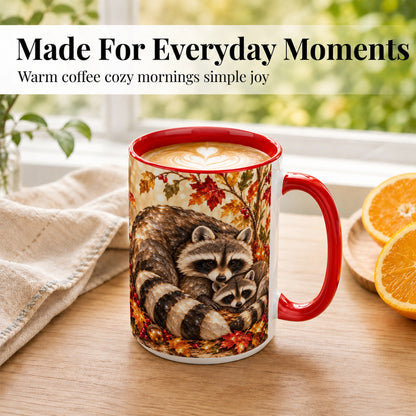 #pl[15oz|Red] Jeweled Raccoon Family Coffee Mug, Autumn Wildlife Mug, Ceramic Cup