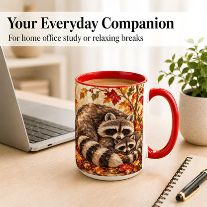 #pl[15oz|Red] Jeweled Raccoon Family Coffee Mug, Autumn Wildlife Mug, Ceramic Cup