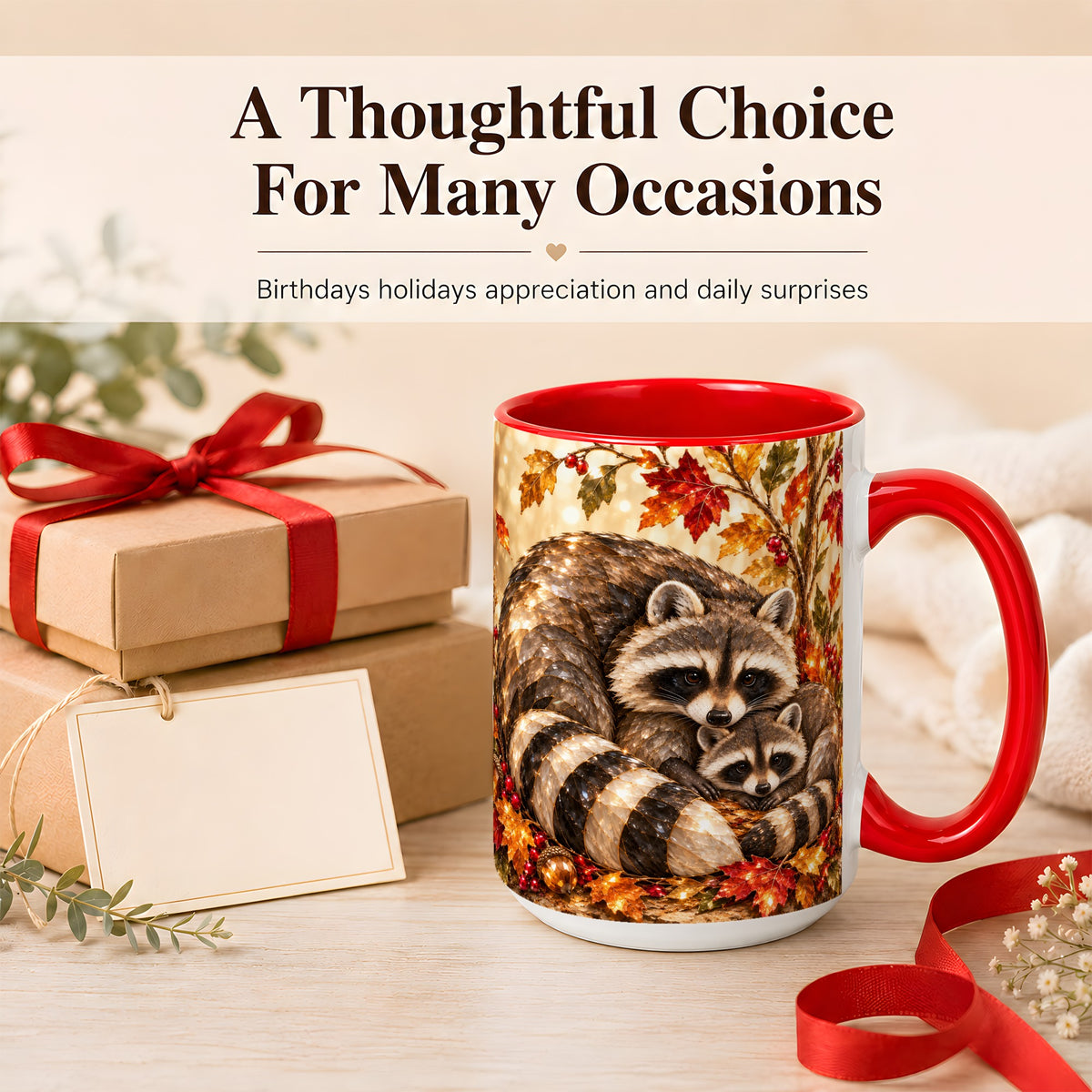 #pl[15oz|Red] Jeweled Raccoon Family Coffee Mug, Autumn Wildlife Mug, Ceramic Cup
