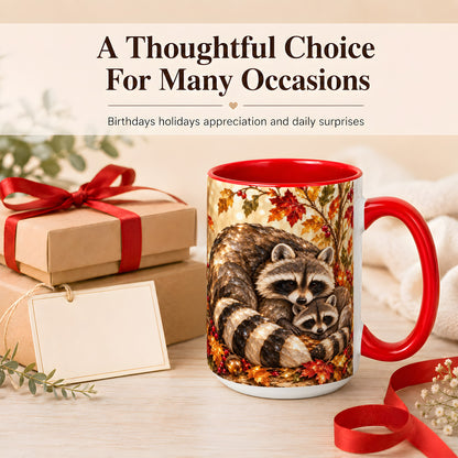 #pl[15oz|Red] Jeweled Raccoon Family Coffee Mug, Autumn Wildlife Mug, Ceramic Cup