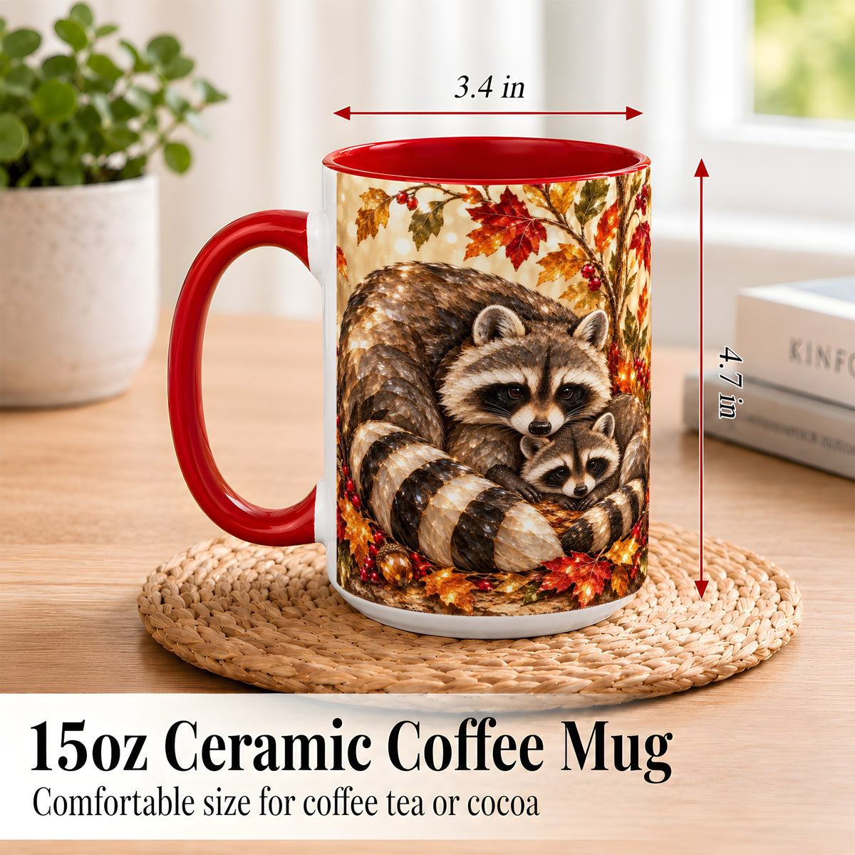 #pl[15oz|Red] Jeweled Raccoon Family Coffee Mug, Autumn Wildlife Mug, Ceramic Cup