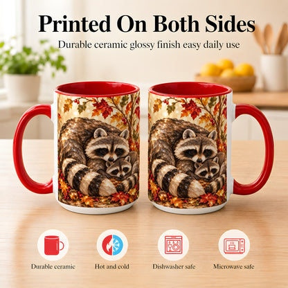 #pl[15oz|Red] Jeweled Raccoon Family Coffee Mug, Autumn Wildlife Mug, Ceramic Cup