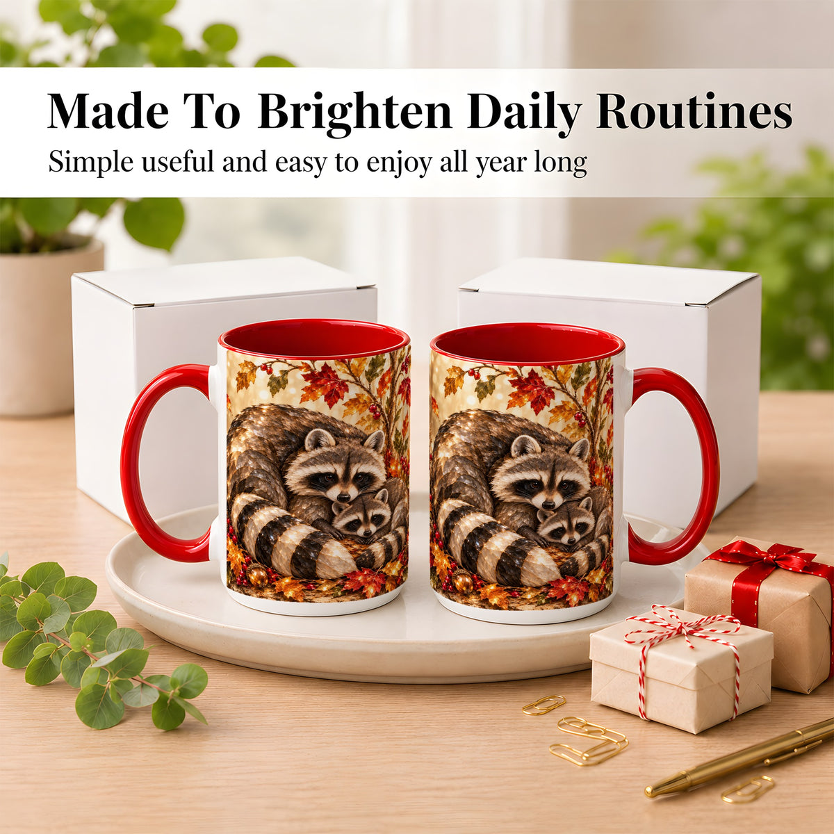 #pl[15oz|Red] Jeweled Raccoon Family Coffee Mug, Autumn Wildlife Mug, Ceramic Cup