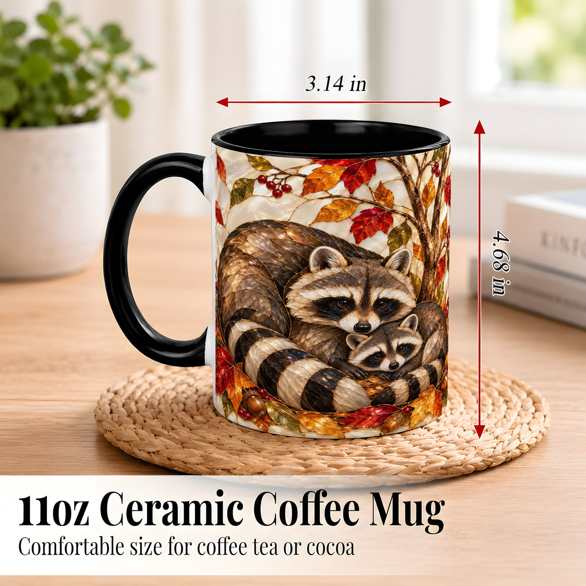 #pl[11oz|Black] Stained Glass Raccoon Coffee Mug, Autumn Family Mug, Ceramic Cup
