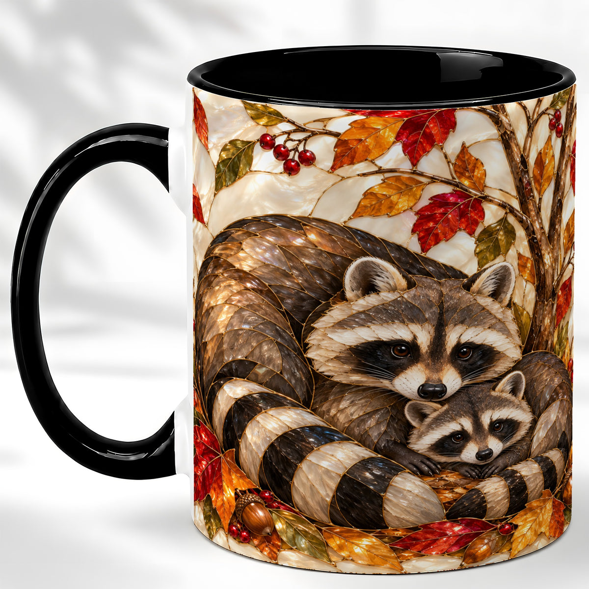 #pl[11oz|Black] Stained Glass Raccoon Coffee Mug, Autumn Family Mug, Ceramic Cup