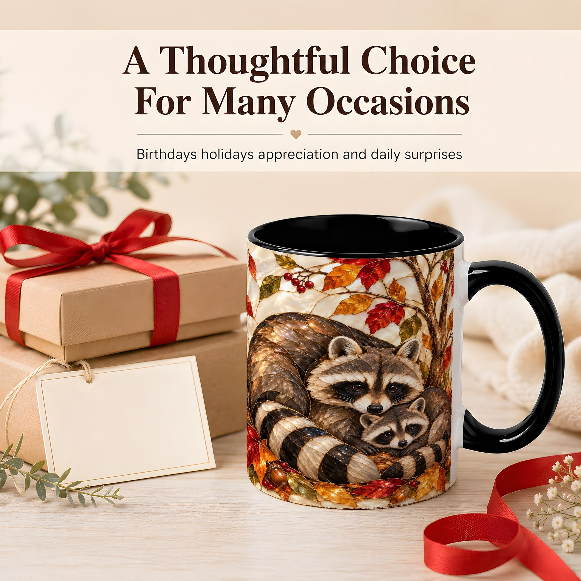 #pl[11oz|Black] Stained Glass Raccoon Coffee Mug, Autumn Family Mug, Ceramic Cup