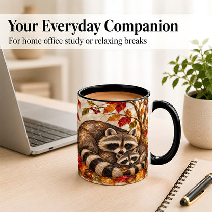 #pl[11oz|Black] Stained Glass Raccoon Coffee Mug, Autumn Family Mug, Ceramic Cup