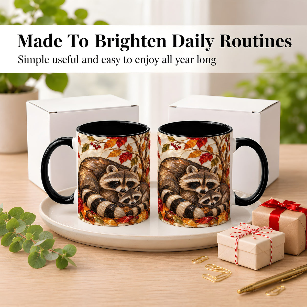 #pl[11oz|Black] Stained Glass Raccoon Coffee Mug, Autumn Family Mug, Ceramic Cup