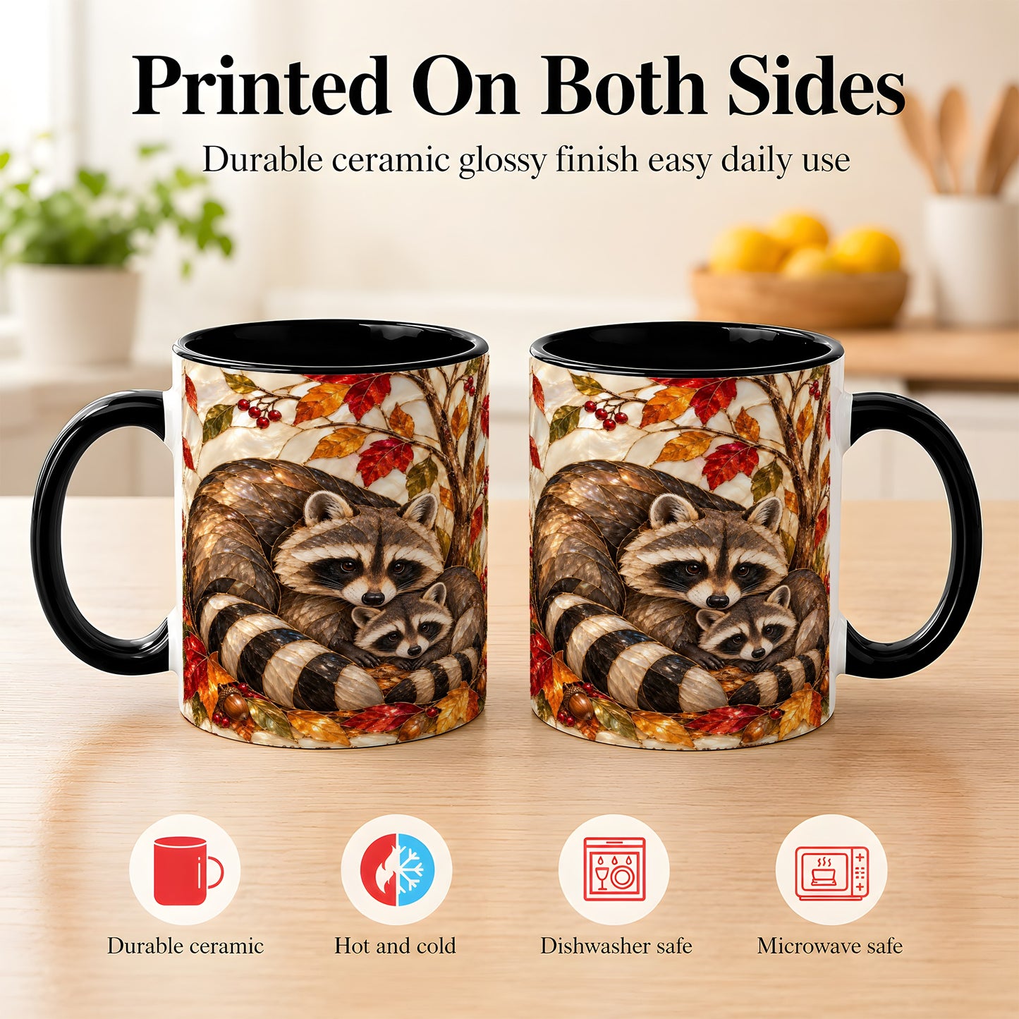 #pl[11oz|Black] Stained Glass Raccoon Coffee Mug, Autumn Family Mug, Ceramic Cup