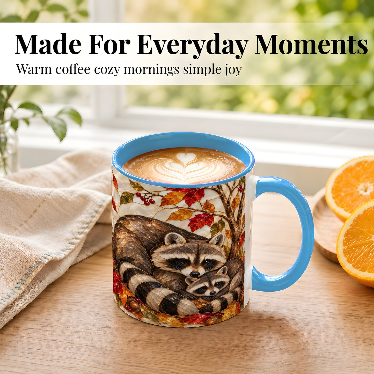#pl[11oz|Blue] Stained Glass Raccoon Coffee Mug, Autumn Family Mug, Ceramic Cup