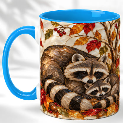 #pl[11oz|Blue] Stained Glass Raccoon Coffee Mug, Autumn Family Mug, Ceramic Cup
