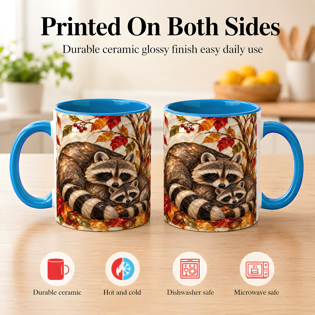 #pl[11oz|Blue] Stained Glass Raccoon Coffee Mug, Autumn Family Mug, Ceramic Cup