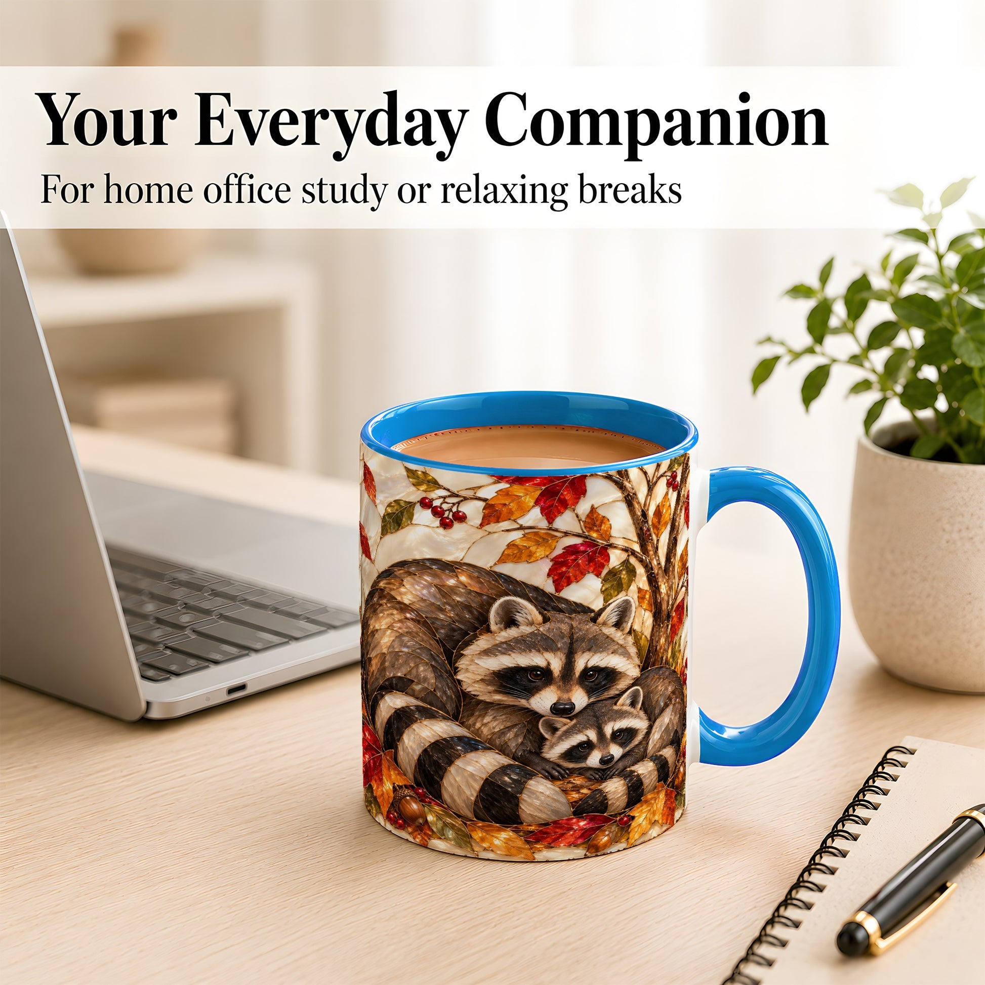 #pl[11oz|Blue] Stained Glass Raccoon Coffee Mug, Autumn Family Mug, Ceramic Cup