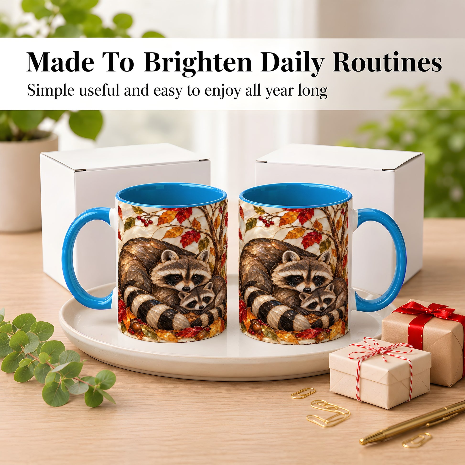 #pl[11oz|Blue] Stained Glass Raccoon Coffee Mug, Autumn Family Mug, Ceramic Cup