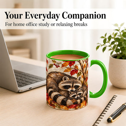 #pl[11oz|Green] Stained Glass Raccoon Coffee Mug, Autumn Family Mug, Ceramic Cup