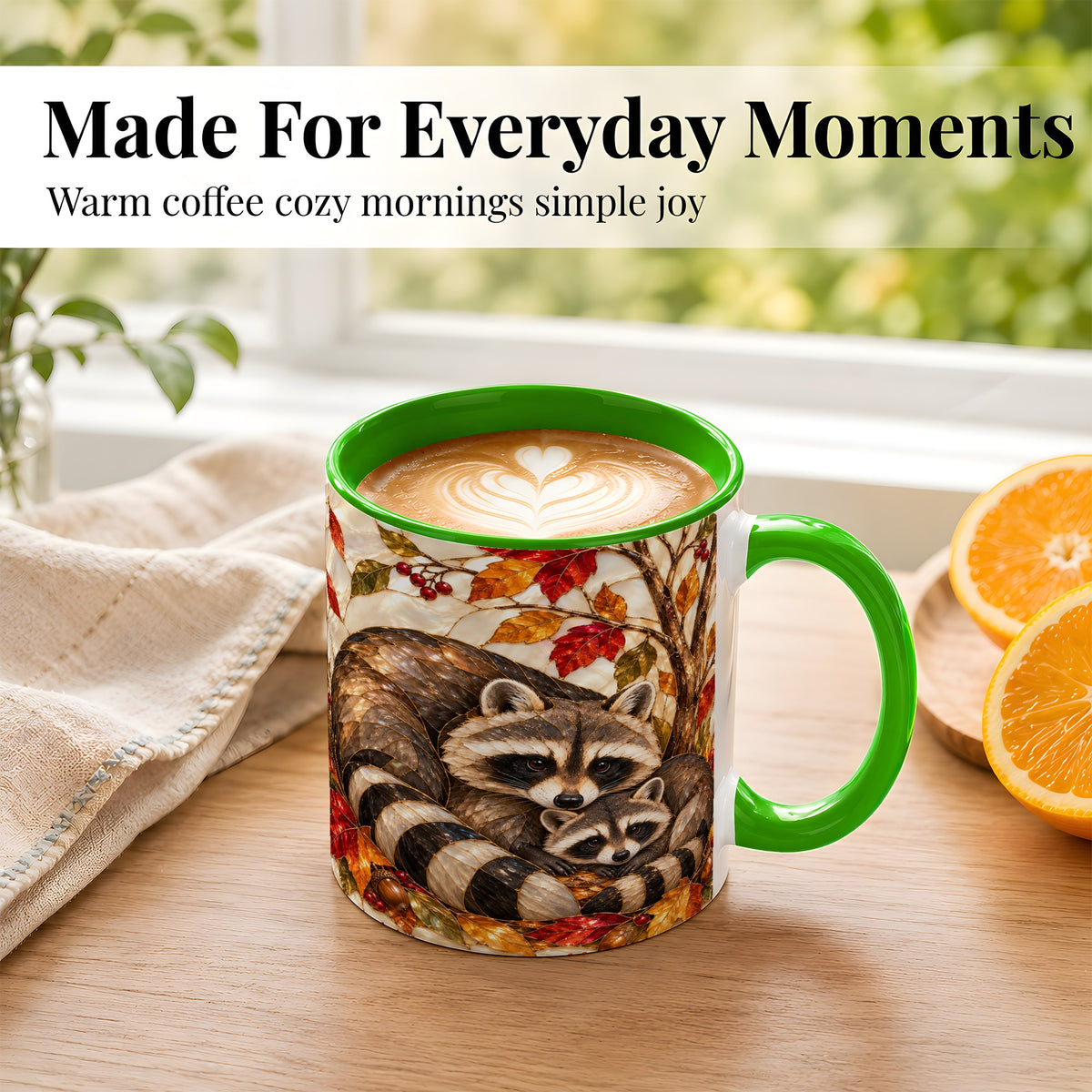 #pl[11oz|Green] Stained Glass Raccoon Coffee Mug, Autumn Family Mug, Ceramic Cup