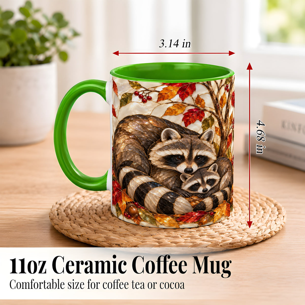 #pl[11oz|Green] Stained Glass Raccoon Coffee Mug, Autumn Family Mug, Ceramic Cup