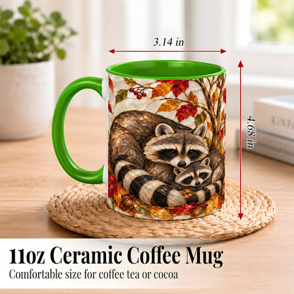 #pl[11oz|Green] Stained Glass Raccoon Coffee Mug, Autumn Family Mug, Ceramic Cup