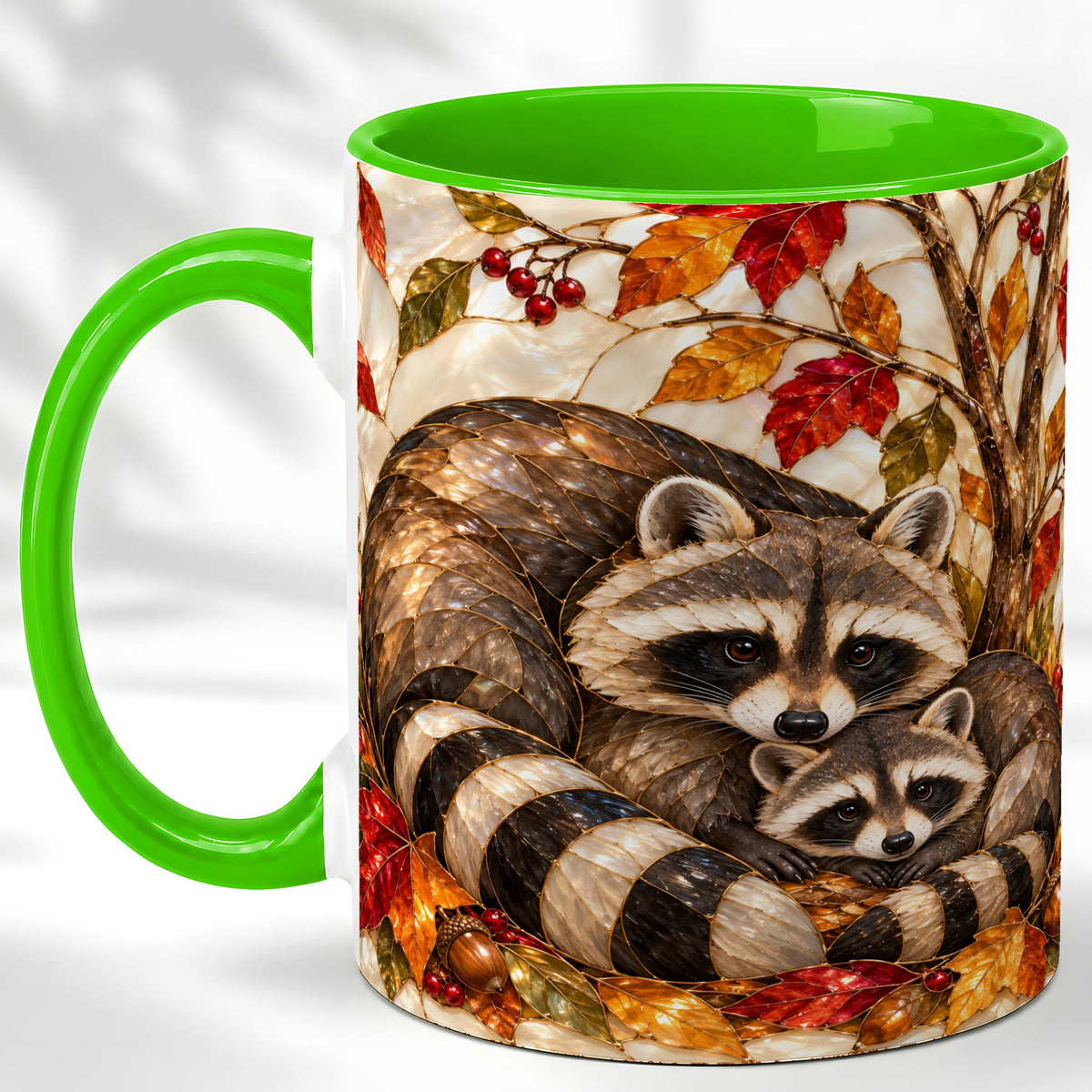 #pl[11oz|Green] Stained Glass Raccoon Coffee Mug, Autumn Family Mug, Ceramic Cup