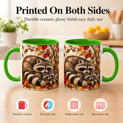 #pl[11oz|Green] Stained Glass Raccoon Coffee Mug, Autumn Family Mug, Ceramic Cup