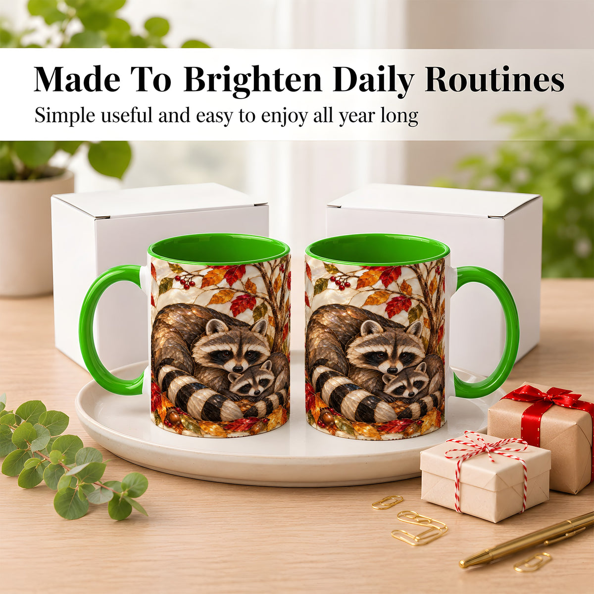 #pl[11oz|Green] Stained Glass Raccoon Coffee Mug, Autumn Family Mug, Ceramic Cup