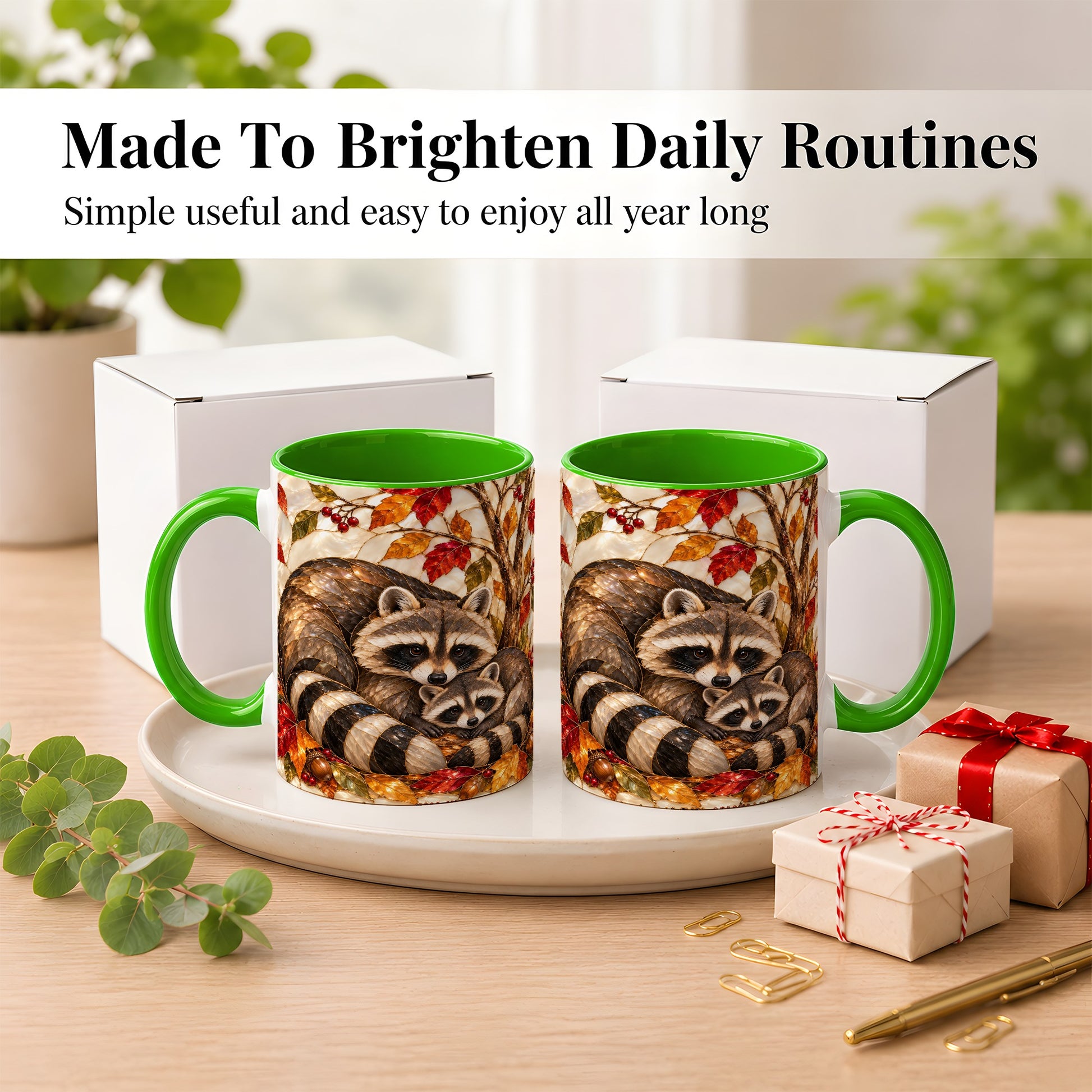 #pl[11oz|Green] Stained Glass Raccoon Coffee Mug, Autumn Family Mug, Ceramic Cup