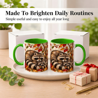 #pl[11oz|Green] Stained Glass Raccoon Coffee Mug, Autumn Family Mug, Ceramic Cup