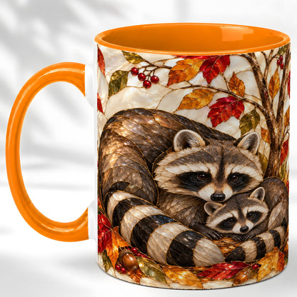 #pl[11oz|Orange] Stained Glass Raccoon Coffee Mug, Autumn Family Mug, Ceramic Cup