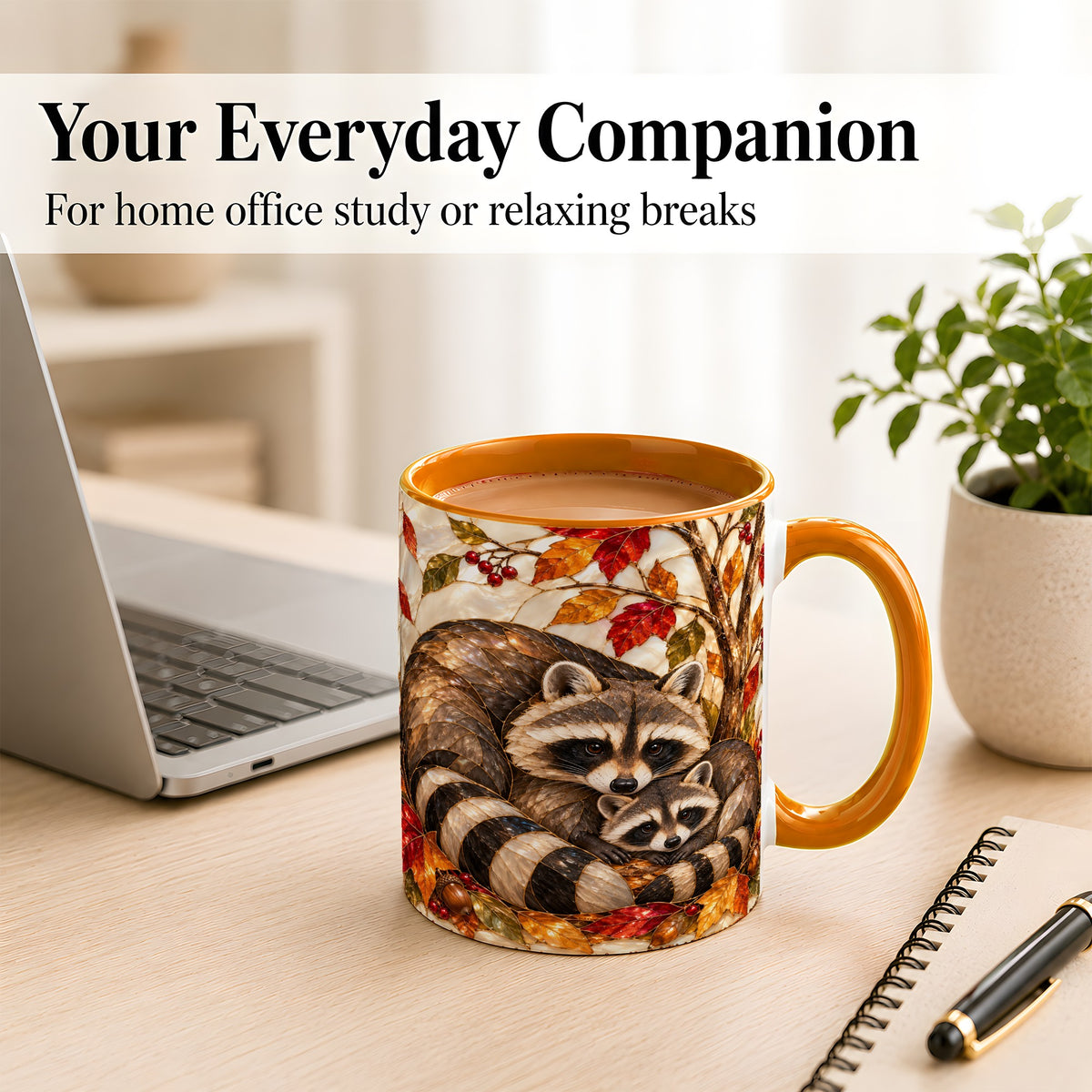 #pl[11oz|Orange] Stained Glass Raccoon Coffee Mug, Autumn Family Mug, Ceramic Cup