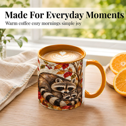 #pl[11oz|Orange] Stained Glass Raccoon Coffee Mug, Autumn Family Mug, Ceramic Cup