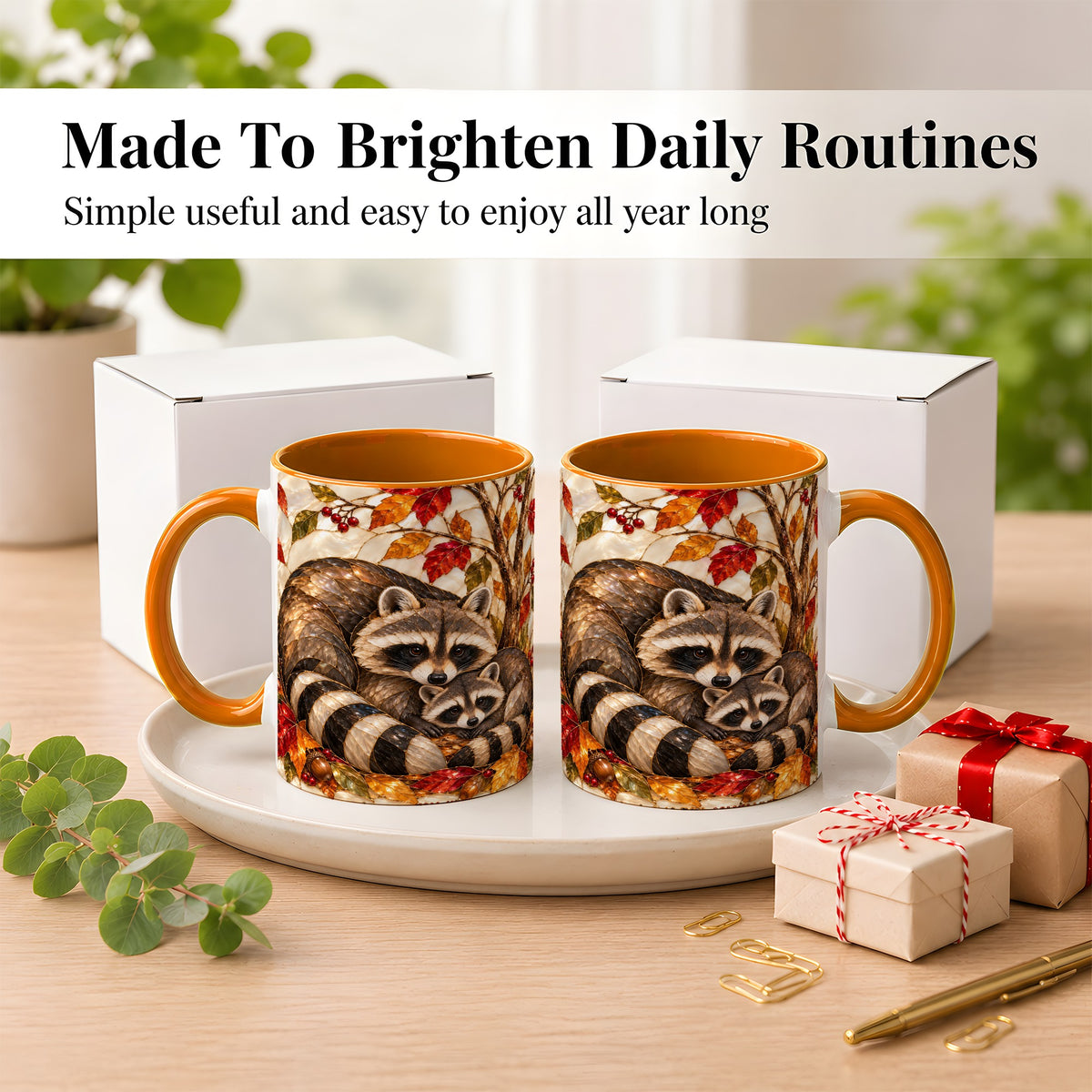 #pl[11oz|Orange] Stained Glass Raccoon Coffee Mug, Autumn Family Mug, Ceramic Cup