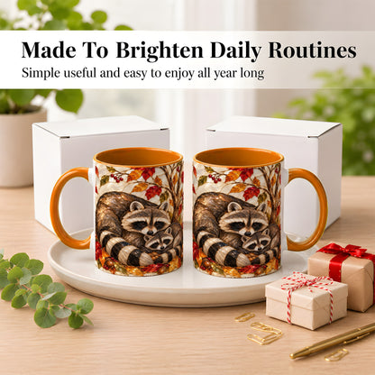 #pl[11oz|Orange] Stained Glass Raccoon Coffee Mug, Autumn Family Mug, Ceramic Cup