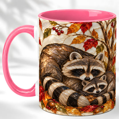 #pl[11oz|Pink] Stained Glass Raccoon Coffee Mug, Autumn Family Mug, Ceramic Cup