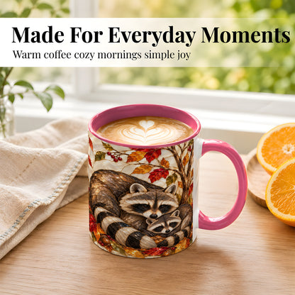 #pl[11oz|Pink] Stained Glass Raccoon Coffee Mug, Autumn Family Mug, Ceramic Cup