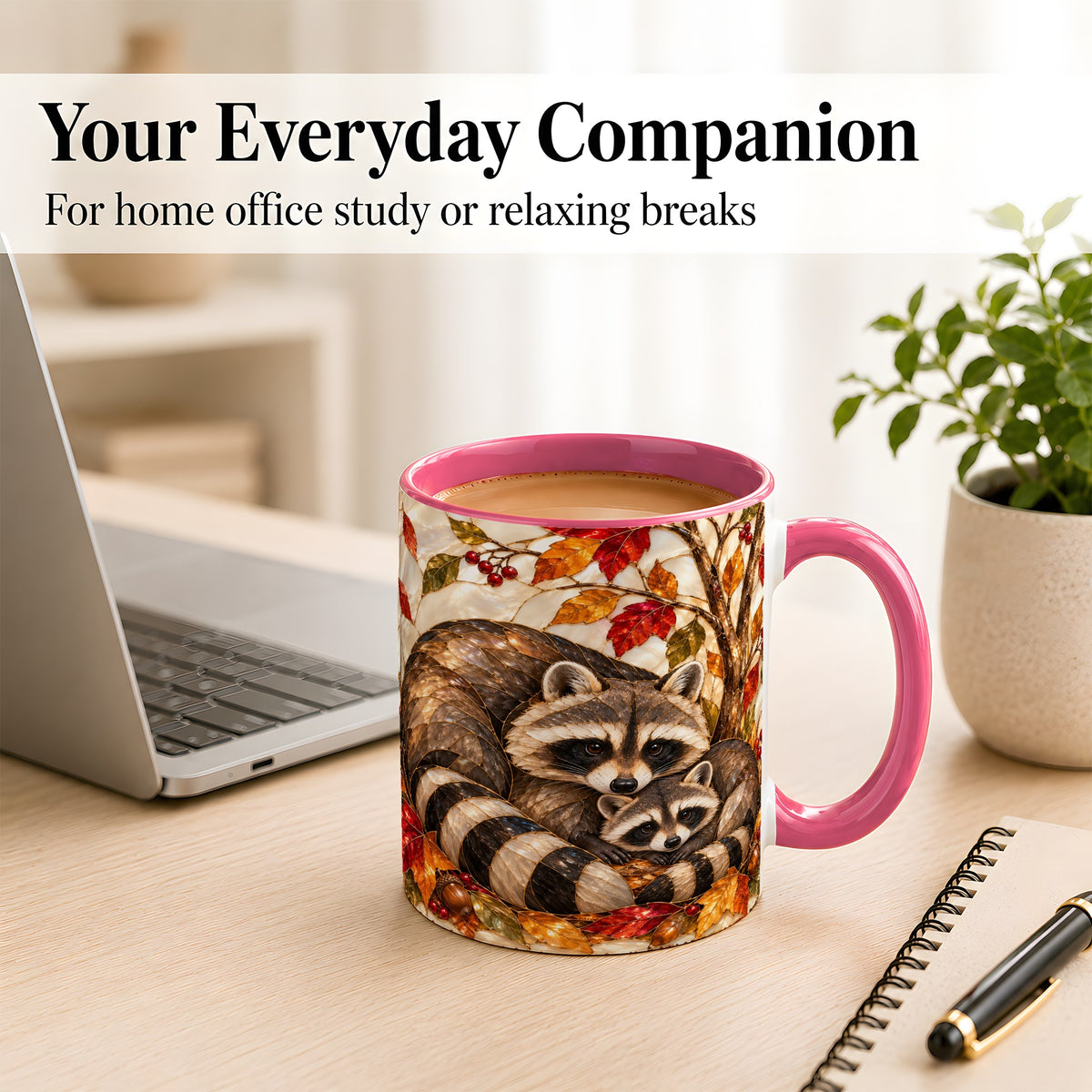 #pl[11oz|Pink] Stained Glass Raccoon Coffee Mug, Autumn Family Mug, Ceramic Cup