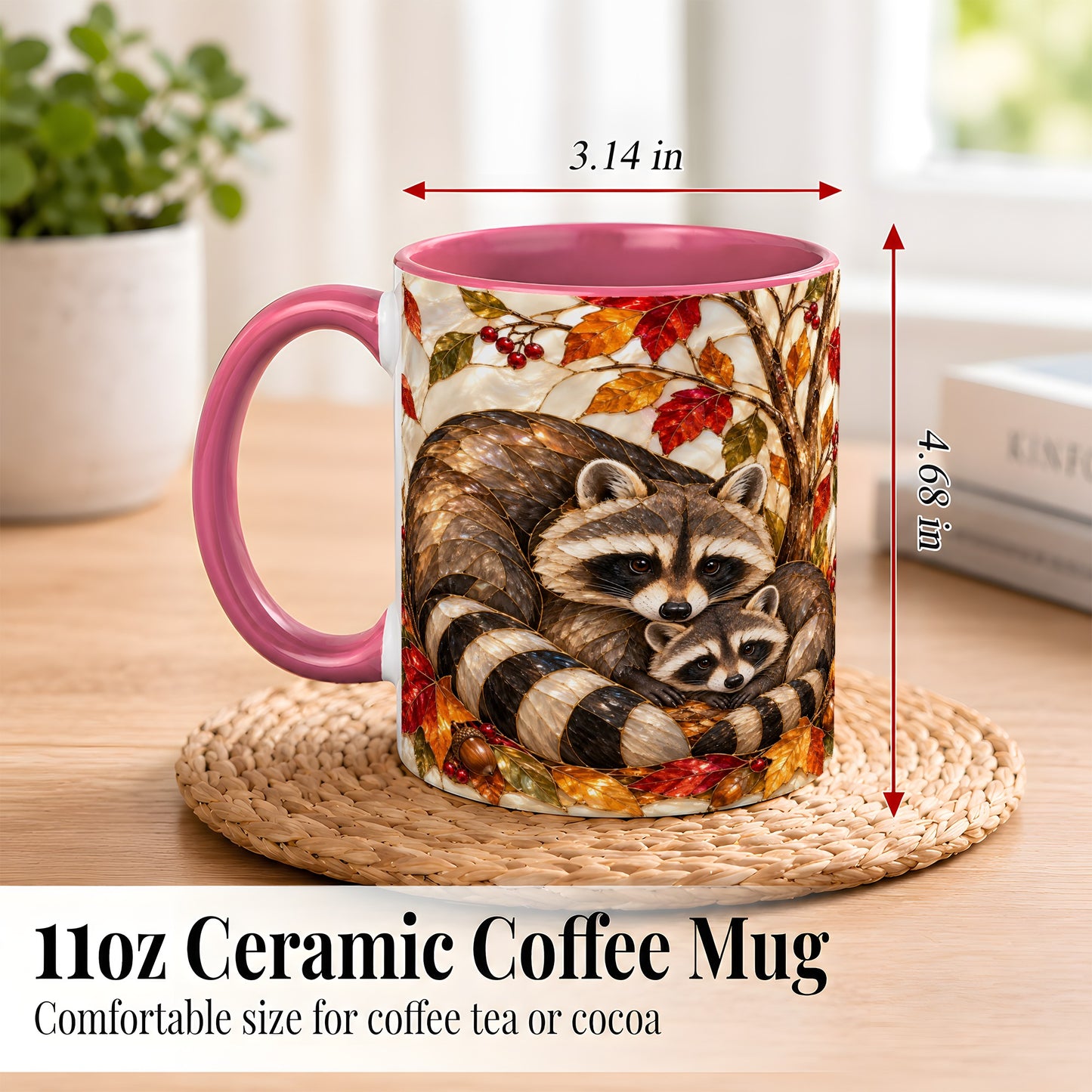#pl[11oz|Pink] Stained Glass Raccoon Coffee Mug, Autumn Family Mug, Ceramic Cup