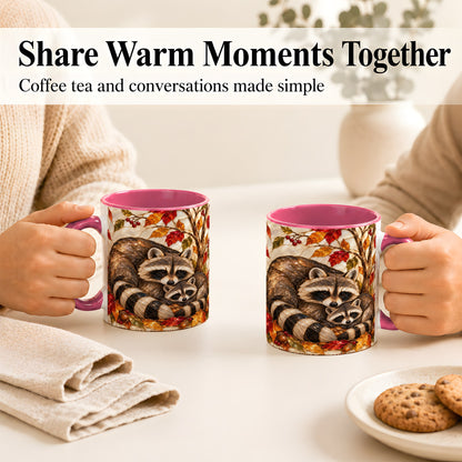 #pl[11oz|Pink] Stained Glass Raccoon Coffee Mug, Autumn Family Mug, Ceramic Cup