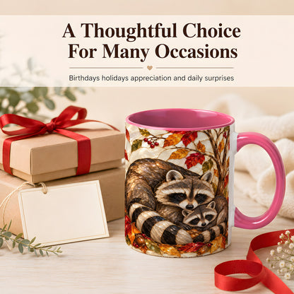 #pl[11oz|Pink] Stained Glass Raccoon Coffee Mug, Autumn Family Mug, Ceramic Cup