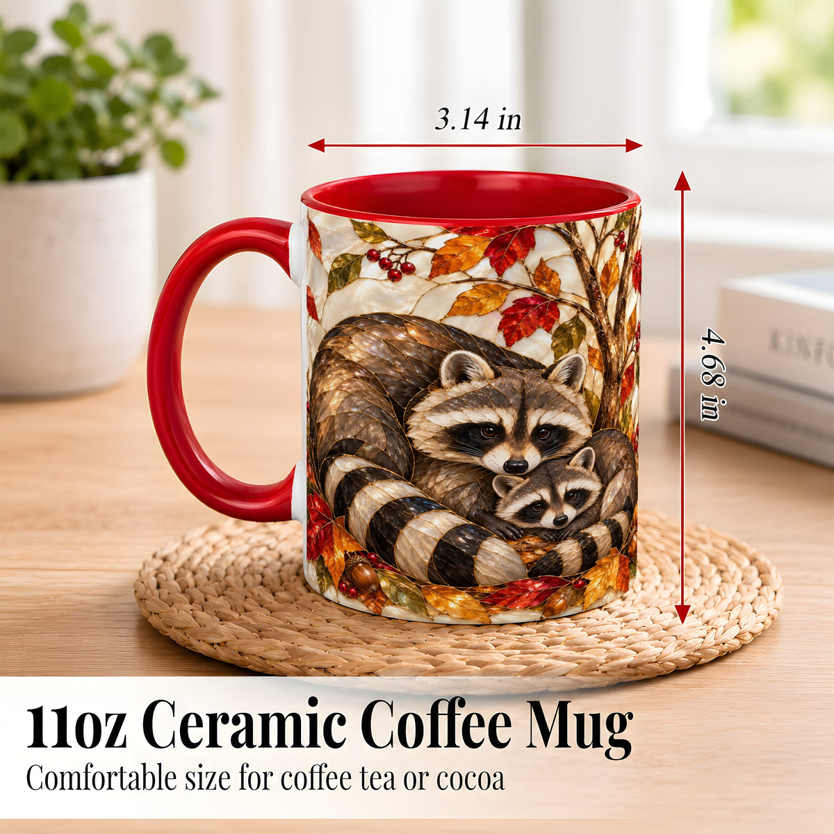 #pl[11oz|Red] Stained Glass Raccoon Coffee Mug, Autumn Family Mug, Ceramic Cup