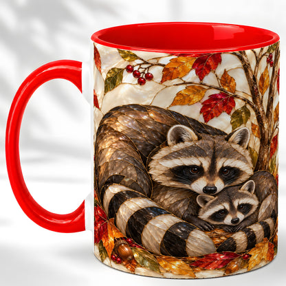 Stained Glass Raccoon Coffee Mug, Autumn Family Mug, Ceramic Cup