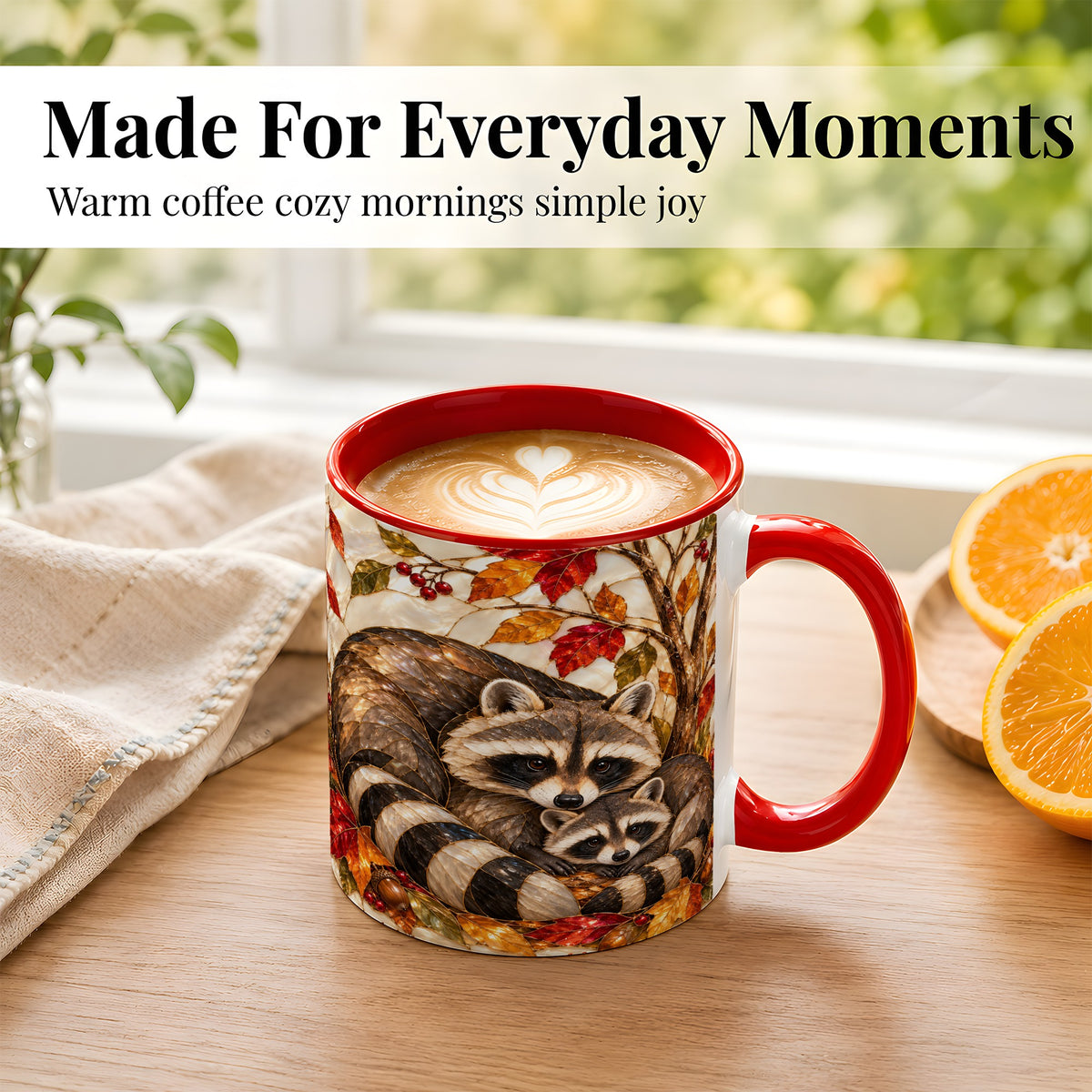 #pl[11oz|Red] Stained Glass Raccoon Coffee Mug, Autumn Family Mug, Ceramic Cup