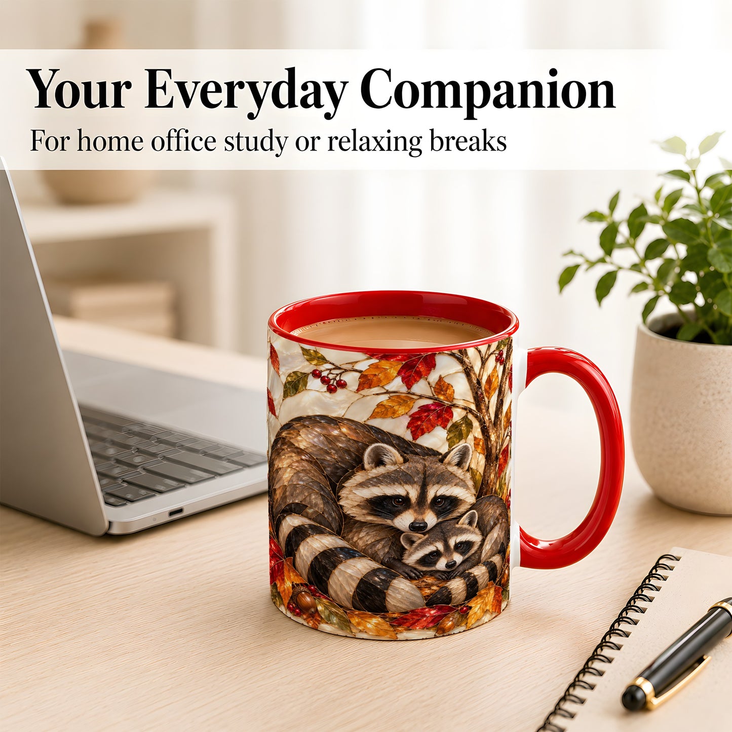 #pl[11oz|Red] Stained Glass Raccoon Coffee Mug, Autumn Family Mug, Ceramic Cup